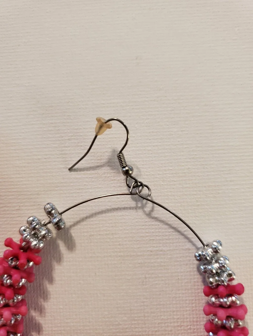 Pink Beaded Hoop Earrings with Silver Accents -‎ Women Jewelry